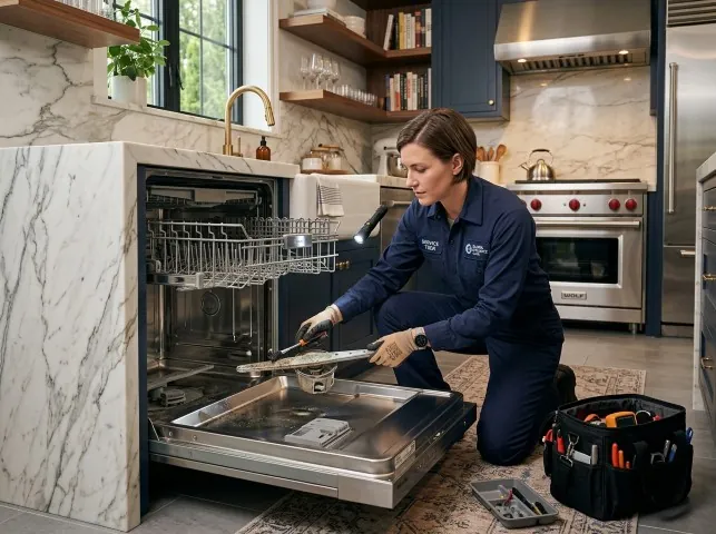 Appliance Repair Hero technician servicing a built-in dishwasher in a Arlington Heights, IL kitchen