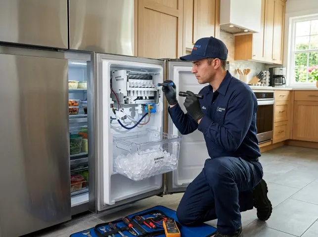 Appliance Repair Hero technician repairing a refrigerator ice maker in Arlington Heights, IL
