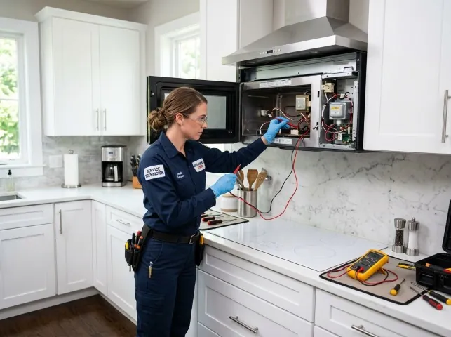 Appliance Repair Hero technician testing an over-the-range microwave in a Arlington Heights, IL kitchen