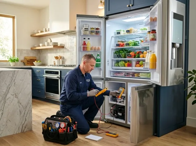 Appliance Repair Hero refrigerator technician testing a fridge on a Arlington Heights, IL service call